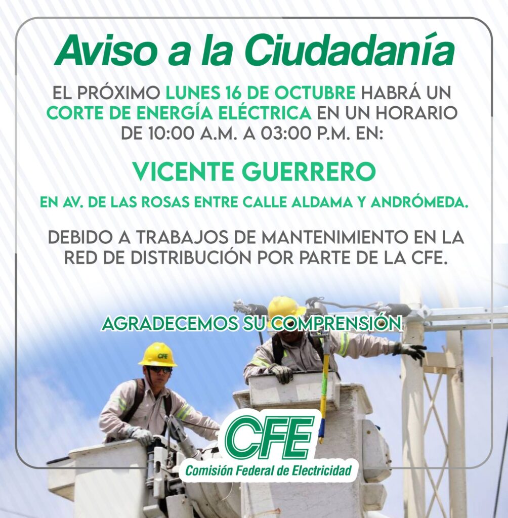 Corte de Energía Eléctrica de 10 AM a 3PM en Av. de las Rosas