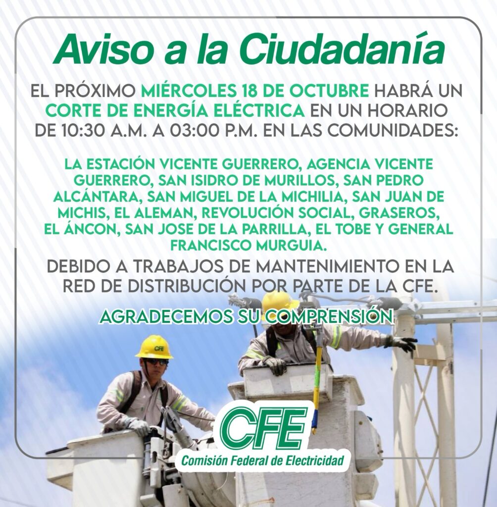 Corte de Energía Eléctrica este Miércoles