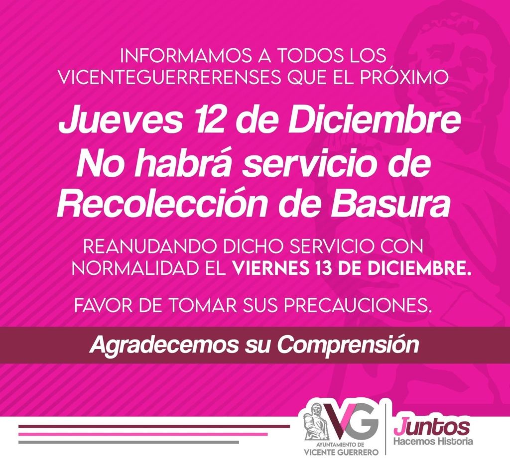 Jueves 12 de Diciembre no habrá servicio de recolección de basura.