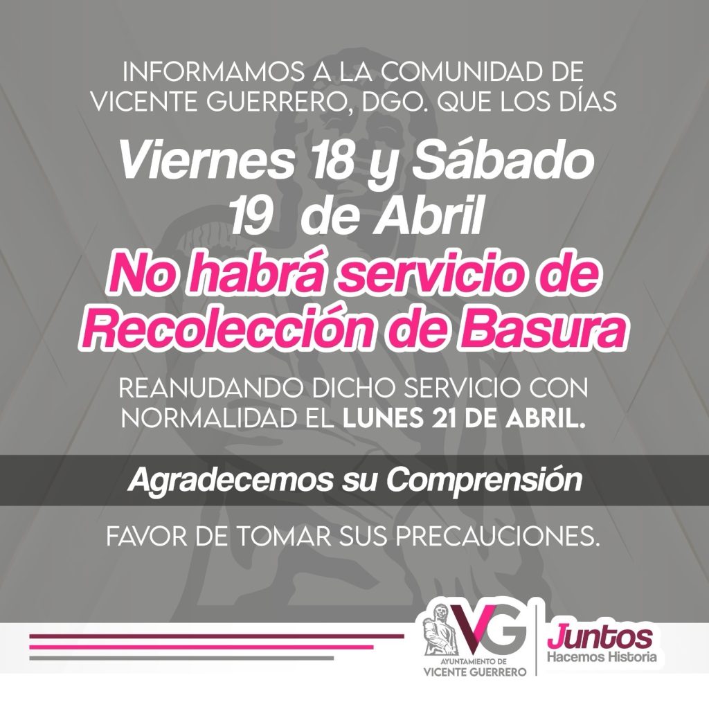 El departamento de limpia de Vicente guerrero, nos comparte la siguiente información.